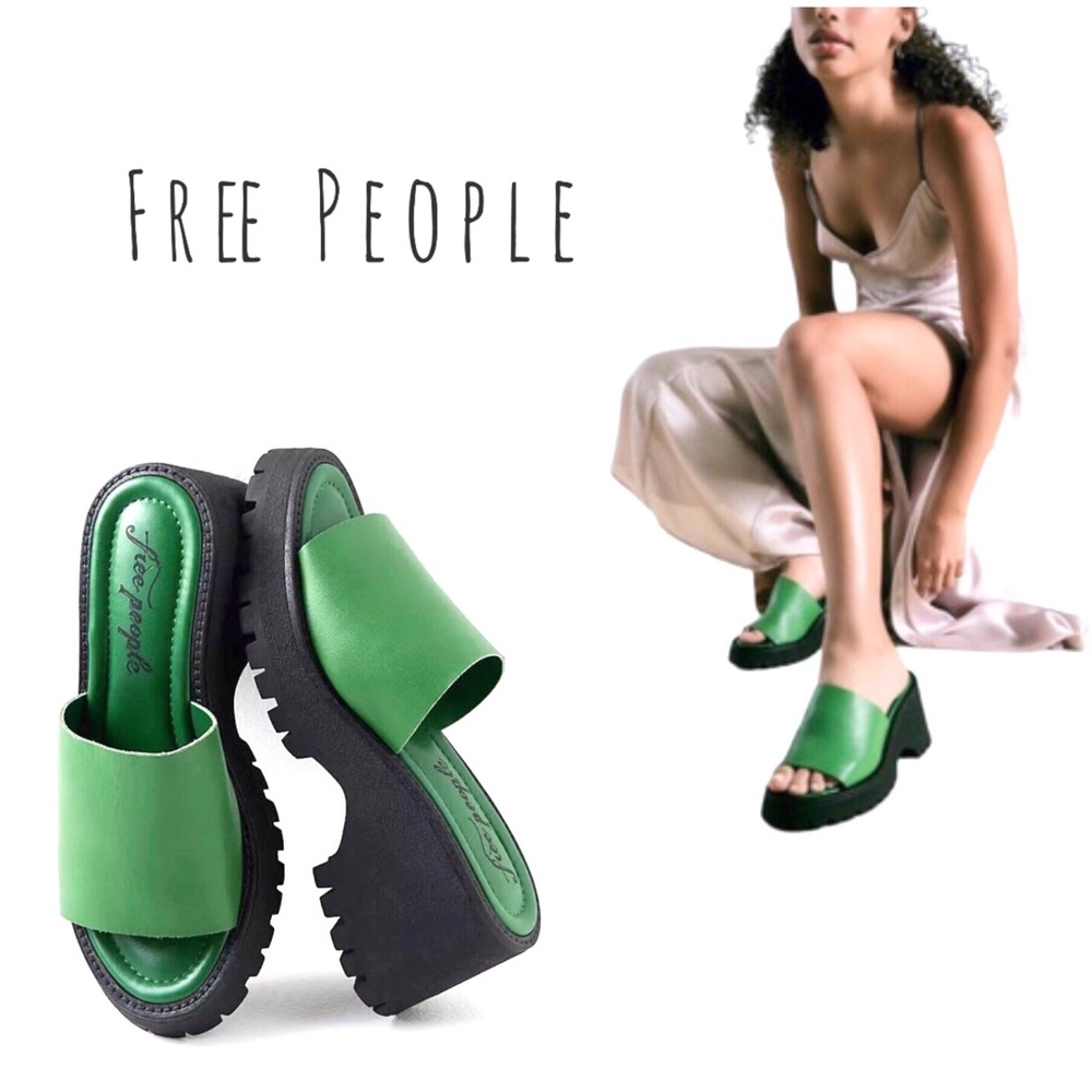 NWOT Free People Winona Kelly Green Wedge Slip On Sandals, sz 38, With Box